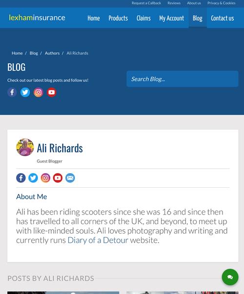 Lexham Insurance author profile page for Ali Richards