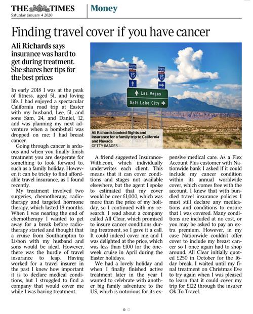 Newspaper article from The Times about finding travel insurance if you've had cancer