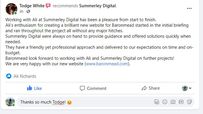 Baronmead testimonial from Facebook