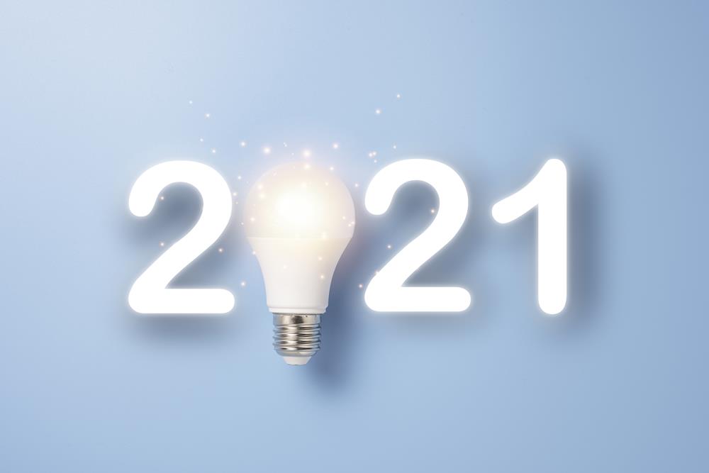 The year 2021 with a lightbulb being used for the '0' in the year